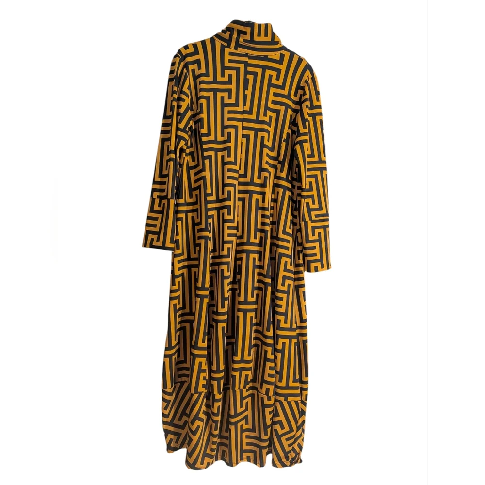 Avant Garde Geometric Print Bubble Hem Dress Zip Front Artwear Mustard Black M - Picture 7 of 9